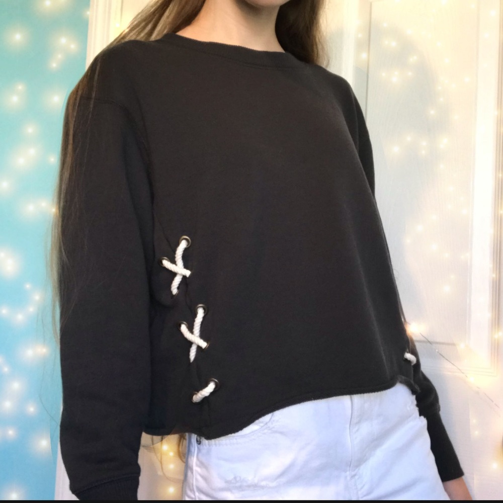 Aerie crop side lace up crewneck sweatshirt black